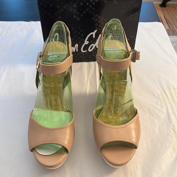 Sam Edelman Karina Nude Leather cork heels platform side buckle sandals Sz 10 - Picture 2 of 10